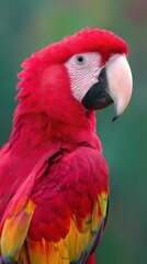 Striking portrait of a vibrant scarlet macaw showcasing its vivid red plumage and unique facial features in a natural setting with soft background light