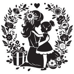 Obraz premium Mother and daughter embrace silhouette art for mother's day celebration with floral wreath design