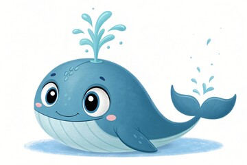 Obraz premium Adorable Cartoon Whale Spouting Water Cute Ocean Animal Illustration Childrens Book Art