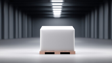 A softly blurred background of a logistics center with metal shelving, parcel box centered on pallet in foreground, natural warehouse light, ample blank space for text
