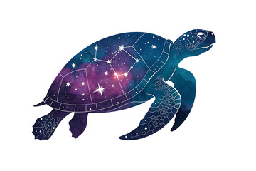 Fototapeta premium Celestial Sea Turtle A cosmic watercolor painting of a turtle adorned with constellations and nebulae gliding through a night sky vibrant purple and blue hues