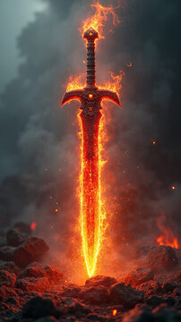 Burning red flames surround a sword  on rocky lava like rocks smoke in the background