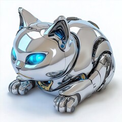 A cyberpunk anime-style robotic cat with sleek metallic silver fur, glowing neon blue eyes, and mechanical limbs, isolated on white background, futuristic design"