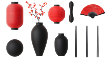 Collection of Traditional Japanese Decorative Items Including Red Lanterns, Vases, Fan, and Chopsticks
