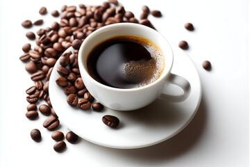 Fototapeta premium Coffee with Scattered Beans on White 흰 배경 위에 흩어진 원두와 커피