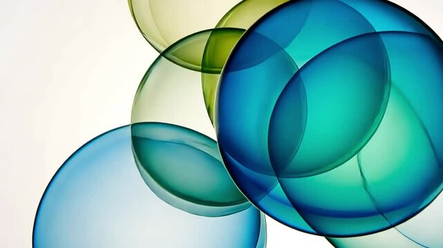 Abstract blue green glass spheres overlapping on white background