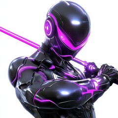 A futuristic anime cyborg warrior, wearing sleek black and neon armor, holding a high-tech energy sword, isolated on white background, sci-fi anime style"