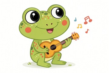Fototapeta premium Adorable Cartoon Frog Playing Ukulele Musical Amphibian Illustration Childrens Book Art