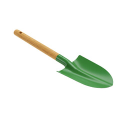 Green Garden Shovel with Wooden Handle, Isolated on Transparent Background 