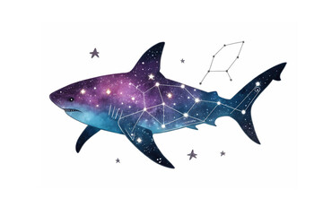 Obraz premium Celestial Shark A cosmic marvel a galactic shark silhouette adorned with constellations and stars a mesmerizing blend of marine life and night sky wonders in vibrant purple and blue hues