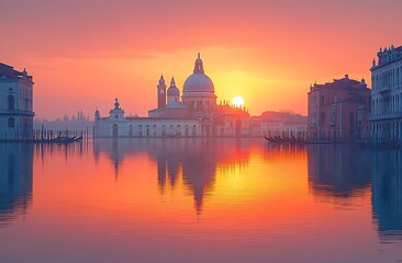 Naklejka premium Santa maria della salute basilica reflecting in venetian lagoon at sunrise