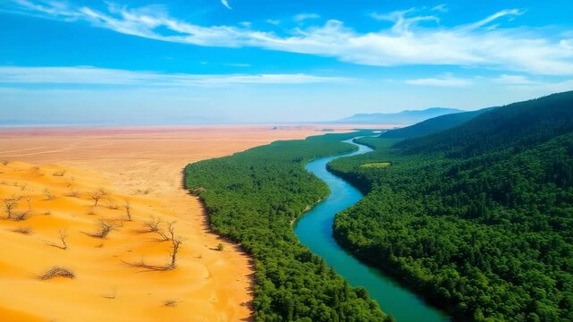 Aerial view of the blue river beetwen golden desert & greean forest, amazing view.