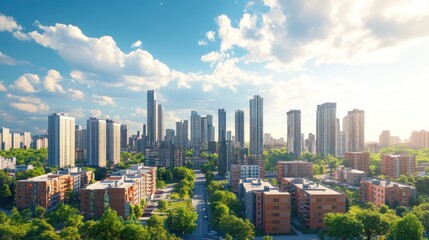 Obraz premium Sunny cityscape panorama with high-rise buildings and lush green trees.