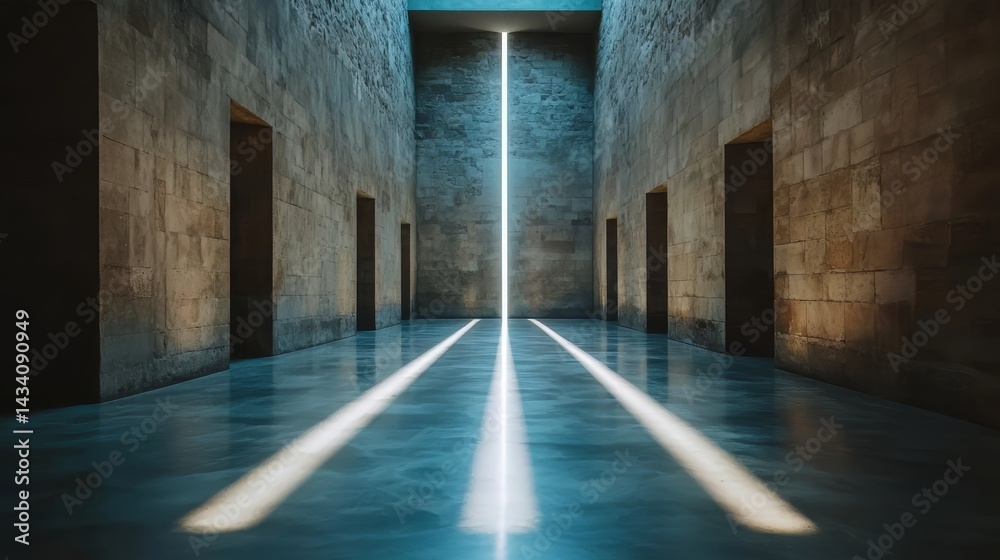 Poster Long hallway with a light shining down on it. The light is creating a sense of depth and movement in the space