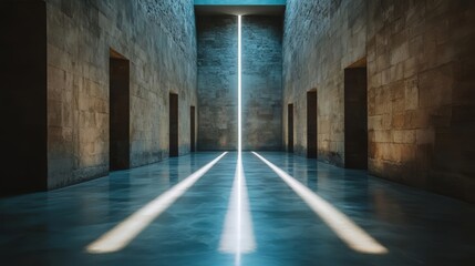 Obraz premium Long hallway with a light shining down on it. The light is creating a sense of depth and movement in the space