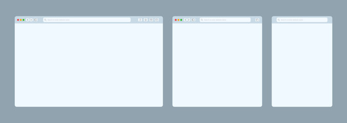 Transparent browser window on blue and violet background. Window internet browser with toolbar and search bar. Blank screen website mockup. Template design for ui, ux, app. Vector illustration