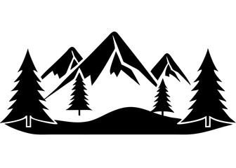 Obraz premium Creative Black Silhouette of Mountains and Fir Trees | Camping Adventure Wildlife Landscape Icon Vector Illustration