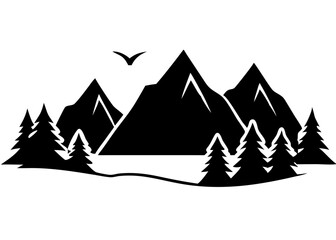 Creative Black Silhouette of Mountains and Fir Trees | Camping Adventure Wildlife Landscape Icon Vector Illustration