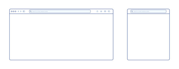 Transparent browser window on blue and violet background. Window internet browser with toolbar and search bar. Blank screen website mockup. Template design for ui, ux, app. Vector illustration