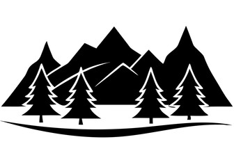 Obraz premium Creative Black Silhouette of Mountains and Fir Trees | Camping Adventure Wildlife Landscape Icon Vector Illustration