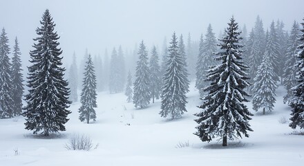 Obraz premium Majestic Evergreen Forest Covered in Fresh Snow Amidst a Misty Winter Landscape