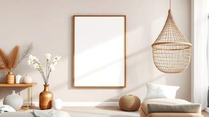Blank Frame Mockup in a Modern Minimalist Living Room with Natural Decor