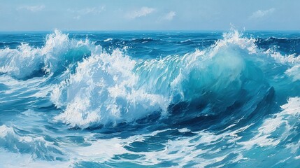 Serene ocean wave painting capturing the essence of coastal beauty with a tranquil atmosphere and an artistic touch of azure and white hues