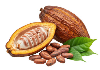 Cocoa pods, beans and leaves isolated on transparent background