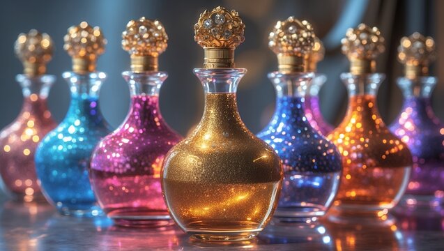 Vibrant elixir bottles showcasing colorful glamour