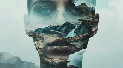  Creative double exposure portrait background with mountain landscape and waterfall blending with human face
