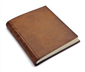 Obraz premium A closed, brown leather-bound book with white pages lies on a white surface