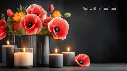 Cozy Still Life: Warm Glow of Candles in Minimalist Black Ceramic Vases on a Dark Surface, Evening Ambiance.