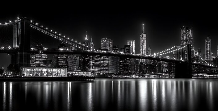 Fototapeta New york city skyline and brooklyn bridge at night black and white