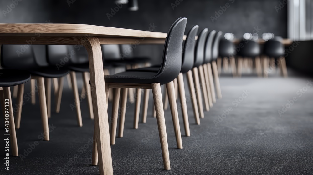 Aufkleber Long table with many chairs around it. The chairs are black and wooden. The table is in a room with a dark color scheme