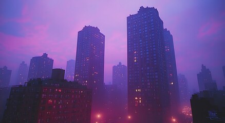 Obraz premium Moody cityscape at night with tall buildings under a purple sky