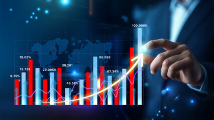  Businessman holding growth graph of business. Business strategy development and growing growth plan