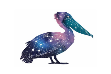 Celestial Pelican A cosmic brown pelican silhouette infused with nebulae stars and constellations a vibrant watercolor artwork against a white background showcasing a unique blend of wildlife and