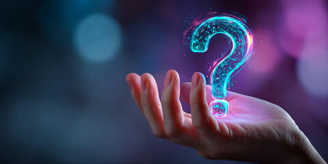 Glowing question mark hovers above an open palm, set against a blurred background, symbolizing inquiry, curiosity, and the search for answers