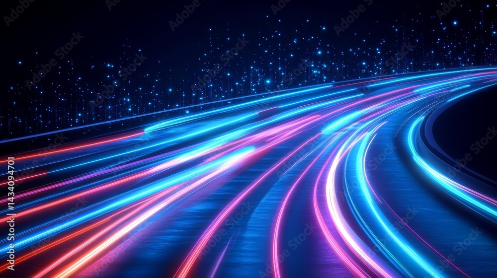 Poster long, curving road with bright lights and a starry sky in the background. the lights are moving and 