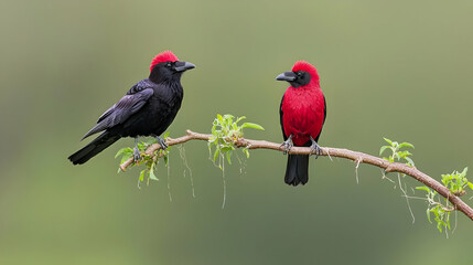 Obraz premium Two Red And Black Birds Perched On A Twig Against Green Blurred Background Sunlight And Detailed Feather