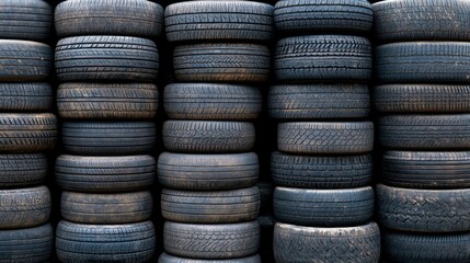 Stacked used tires forming a wall.