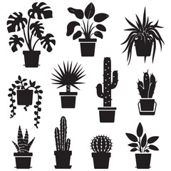 Houseplants. set of Vector Black silhouettes home plants, succulents in pot. Indoor exotic flowers with stems and leaves. Monstera, ficus, pothos, yucca, dracaena, cacti, 
