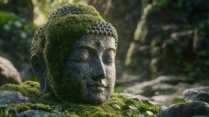 Moss-Covered Ancient Statue in Serene Forest Setting