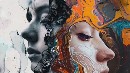 Surreal human face portrait with fluid marble paint effect and contrasting colors on light background