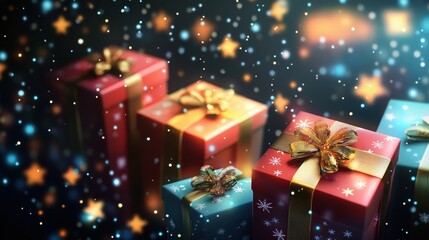 Festive Christmas presents with ribbons and bows, surrounded by bokeh lights and snowflakes. Holiday season, gift giving, and celebration concept.
