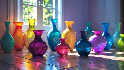 Vibrant light and colorful vases in bright room