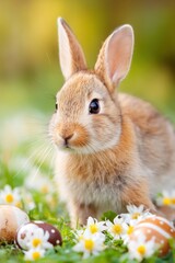Fototapeta premium Adorable bunny amidst daisies and easter eggs captures the essence of spring in a close up shot with a bright and vibrant background creating a joyful mood