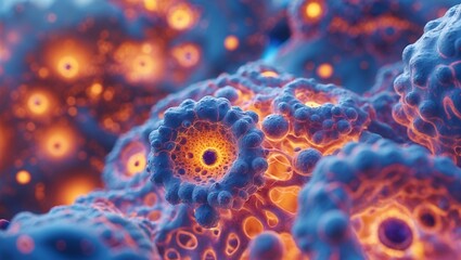 Vibrant macro view of glowing cellular structures