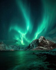 Naklejka premium Captivating aurora borealis illuminates the serene Norwegian landscape with majestic mountains and tranquil waters creating a breathtaking celestial spectacle
