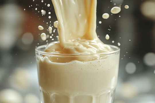Glass filling with milk pouring from jug, creating smooth white cascade against dark background.